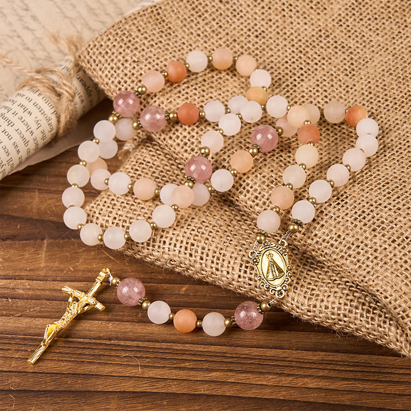 Christianartworkshop Rosario fatto a mano con la Madonna e il Crocifisso in avventurina rosa e quarzo fragola da 8 mm - image 3