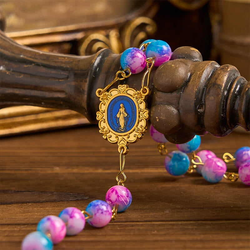 Christianartworkshop Rosario floreale fatto a mano Divine Harmony: medaglia miracolosa e crocifisso da 8 mm blu e viola - image 5