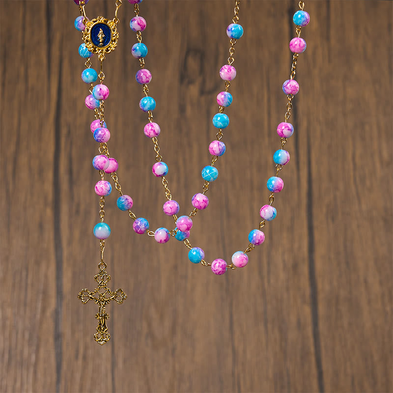 Christianartworkshop Rosario floreale fatto a mano Divine Harmony: medaglia miracolosa e crocifisso da 8 mm blu e viola - image 7