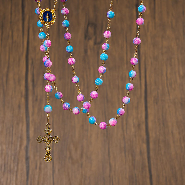 Christianartworkshop Rosario floreale fatto a mano Divine Harmony: medaglia miracolosa e crocifisso da 8 mm blu e viola - image 7
