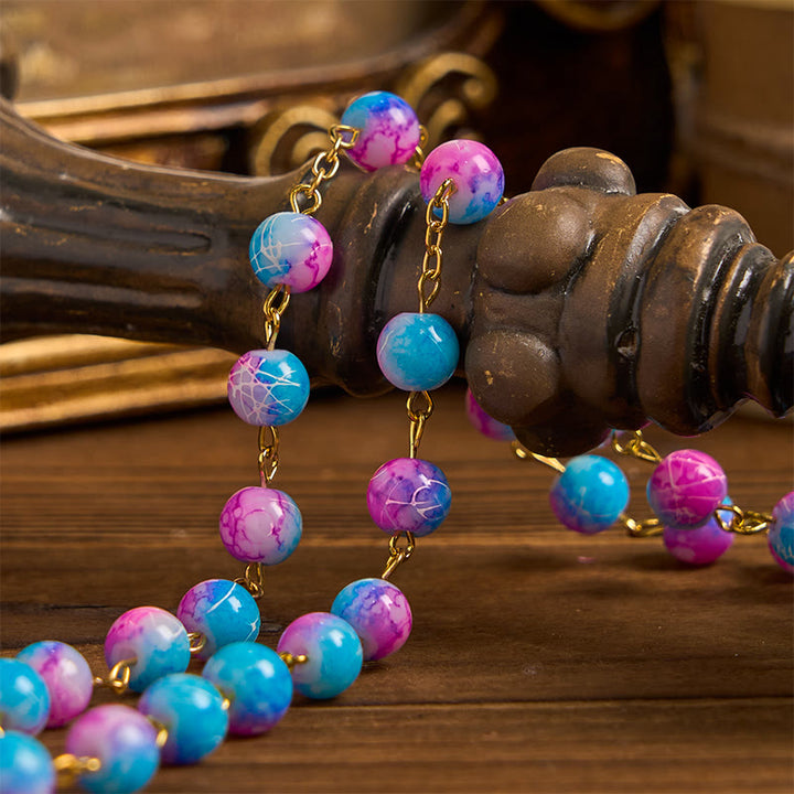 Christianartworkshop Rosario floreale fatto a mano Divine Harmony: medaglia miracolosa e crocifisso da 8 mm blu e viola - image 6