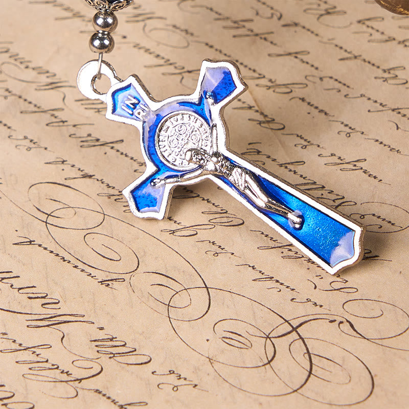 Rosario con perline in pietra blu oro da 8 mm raffigurante la Vergine Maria e il Crocifisso blu Christianartworkshop - image 3