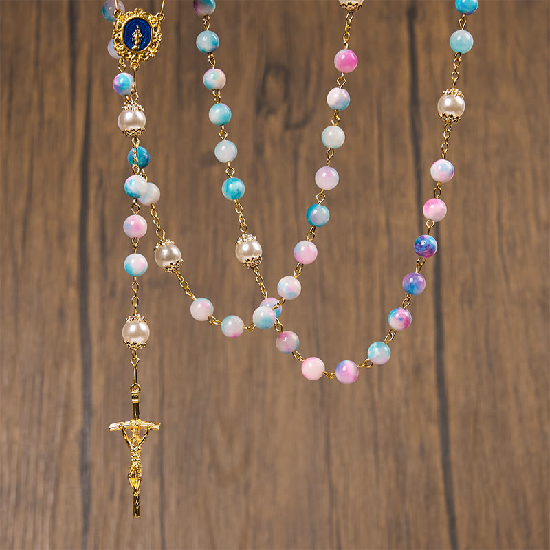 Christianartworkshop FEDE IN PREGHIERA: Rosario floreale fatto a mano Celestial Grace da 8 mm blu e viola - image 9