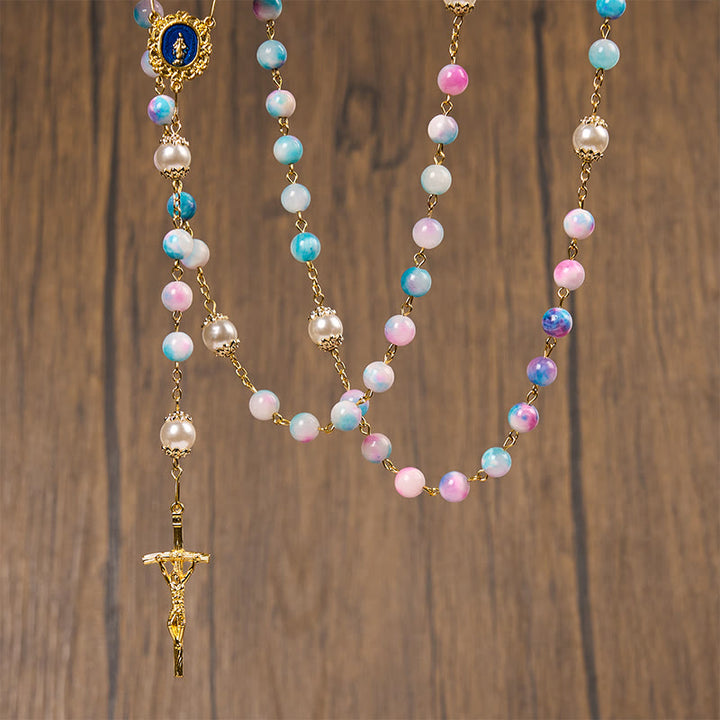 Christianartworkshop FEDE IN PREGHIERA: Rosario floreale fatto a mano Celestial Grace da 8 mm blu e viola - image 9