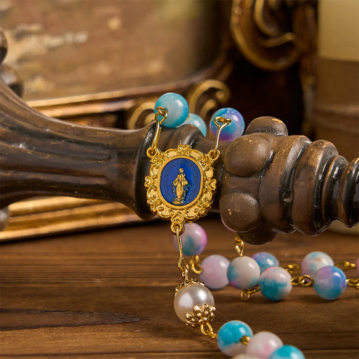 Christianartworkshop FEDE IN PREGHIERA: Rosario floreale fatto a mano Celestial Grace da 8 mm blu e viola - image 7