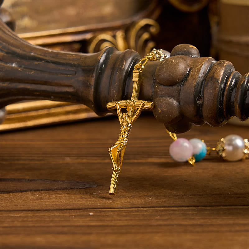 Christianartworkshop FEDE IN PREGHIERA: Rosario floreale fatto a mano Celestial Grace da 8 mm blu e viola - image 6