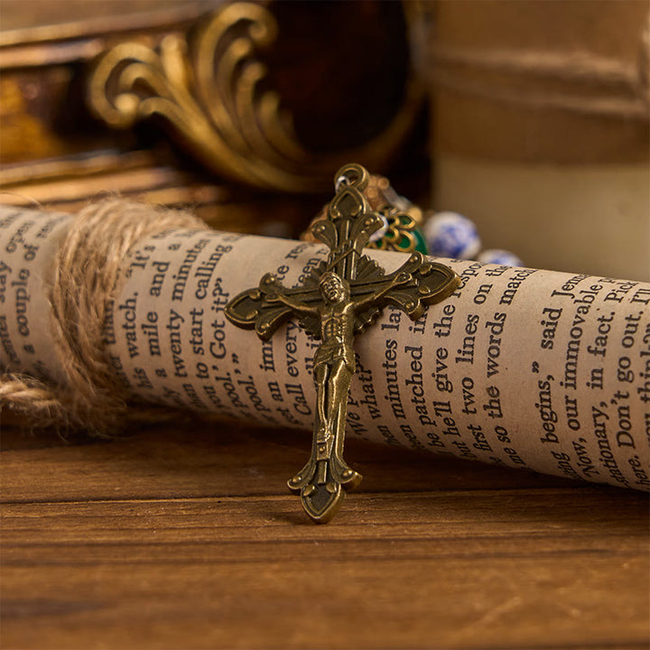 Christianartworkshop FEDE IN PREGHIERA: Rosario floreale fatto a mano in ceramica e giada da 8 mm  - image 7