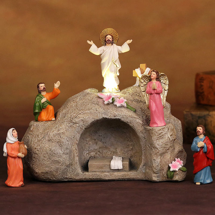 Christianartworkshop Scena della Resurrezione con Gesù, angeli e discepoli - Decorazione illuminata per la Natività di Pasqua - Lui è risorto - image 0
