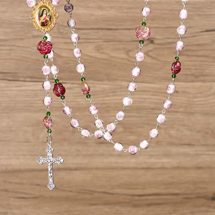 Christianartworkshop FEDE IN PREGHIERA: Rosario floreale elegante fatto a mano con rosa e avorio e carta regalo - image 11