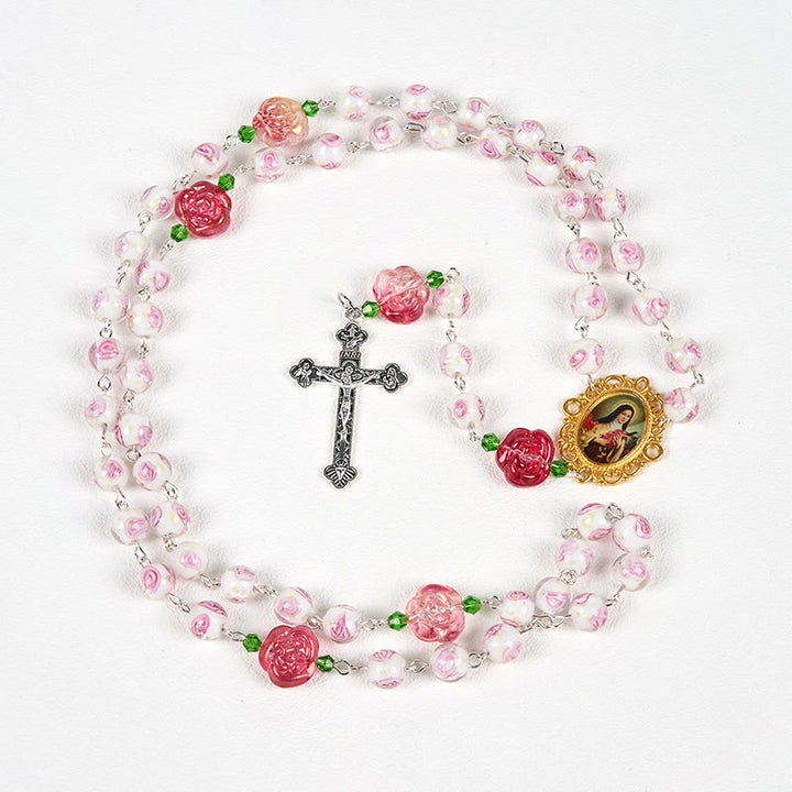 Christianartworkshop FEDE IN PREGHIERA: Rosario floreale elegante fatto a mano con rosa e avorio e carta regalo - image 12