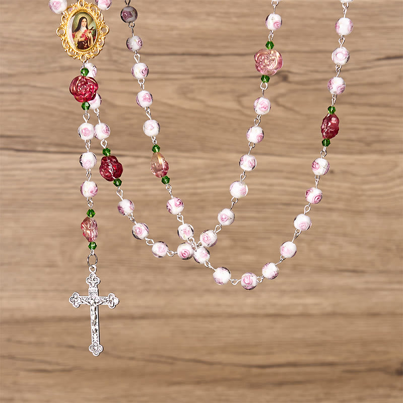Christianartworkshop Rosario con medaglia e crocifisso di Santa Teresa da 8 mm, in rosa e avorio, con eleganza floreale: abbraccia la grazia e la bellezza della fede - image 7