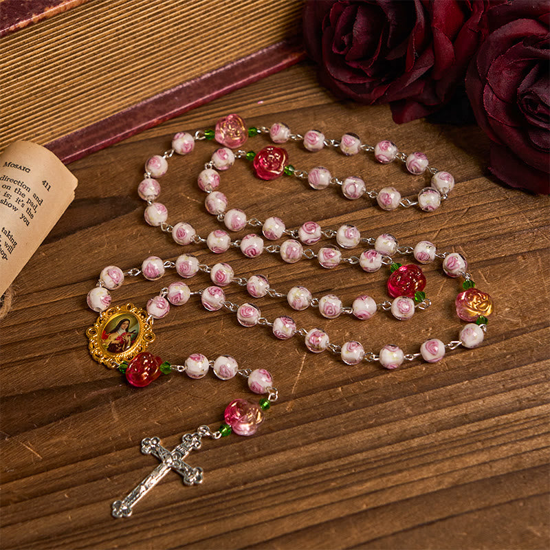 Christianartworkshop Medaglia e Crocifisso di Santa Teresa in rosa e avorio da 8 mm, elegante rosario floreale: abbraccia la grazia e la bellezza della fede - Medaglia e crocifisso di Santa Teresa - image 0
