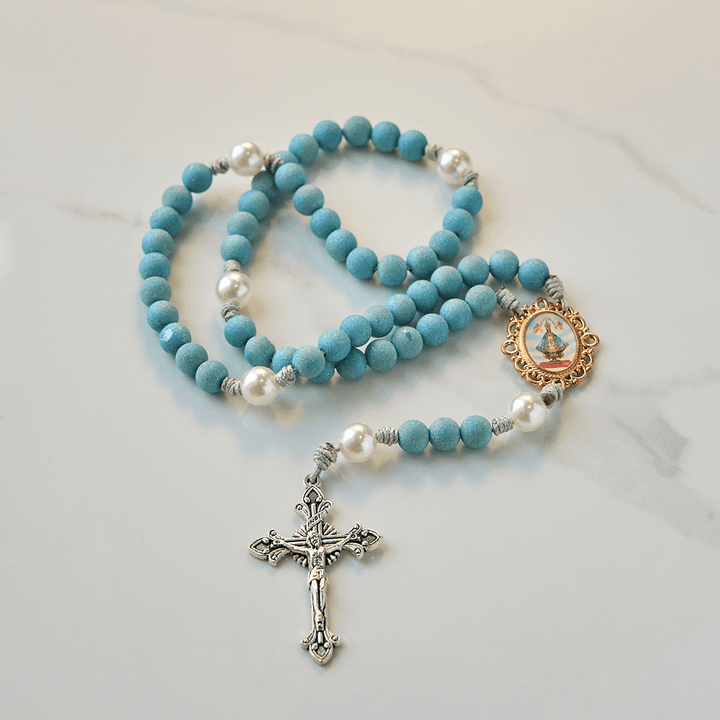 Christianartworkshop Rosario fatto a mano con perline di sabbia in vetro scintillante da 8 mm raffigurante la Madonna e il Crocifisso - Perlina di sabbia di vetro scintillante - image 0