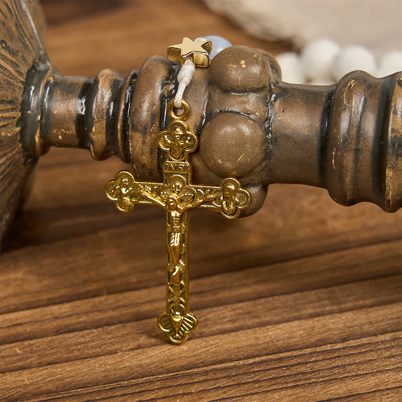 Rosario fatto a mano divino stellato Christianartworkshop : perle di agata blu e accenti dorati celestiali - image 4