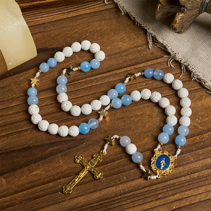Rosario fatto a mano divino stellato Christianartworkshop : perle di agata blu e accenti dorati celestiali - Rosario divino stellato fatto a mano - image 0