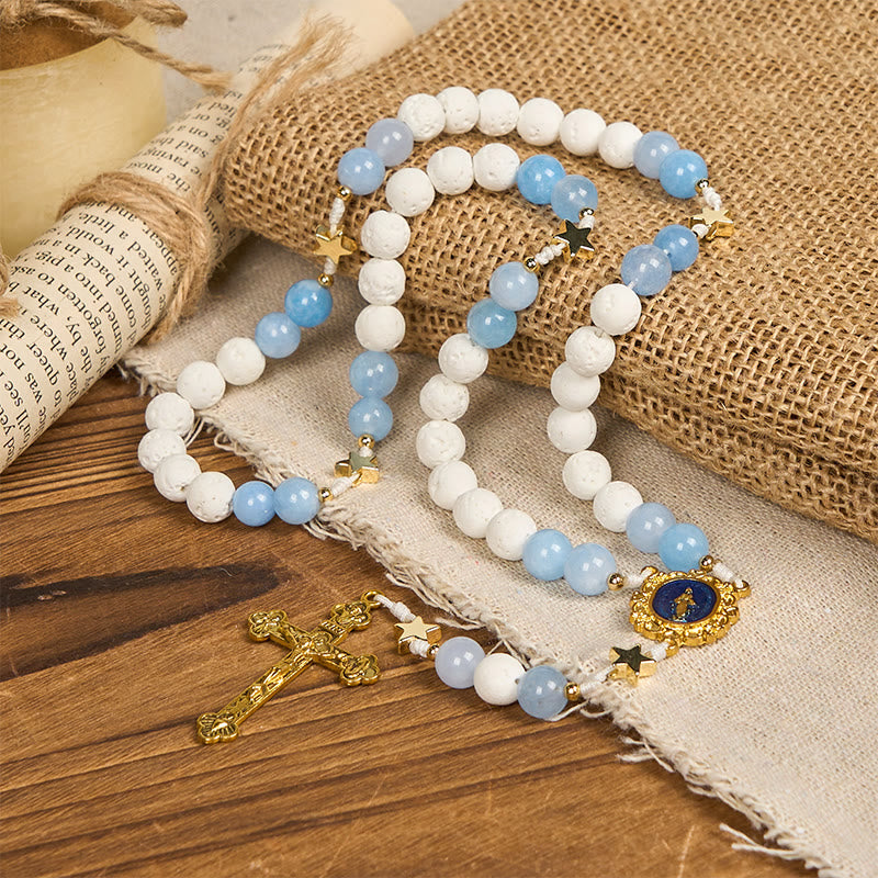 Rosario fatto a mano divino stellato Christianartworkshop : perle di agata blu e accenti dorati celestiali - image 7