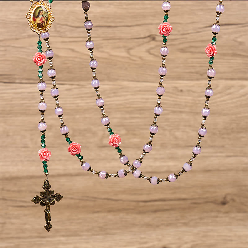 Christianartworkshop Rosario floreale in cristallo fatto a mano: perline rosa chiaro, fiore di grazia, eleganza e devozione - image 9
