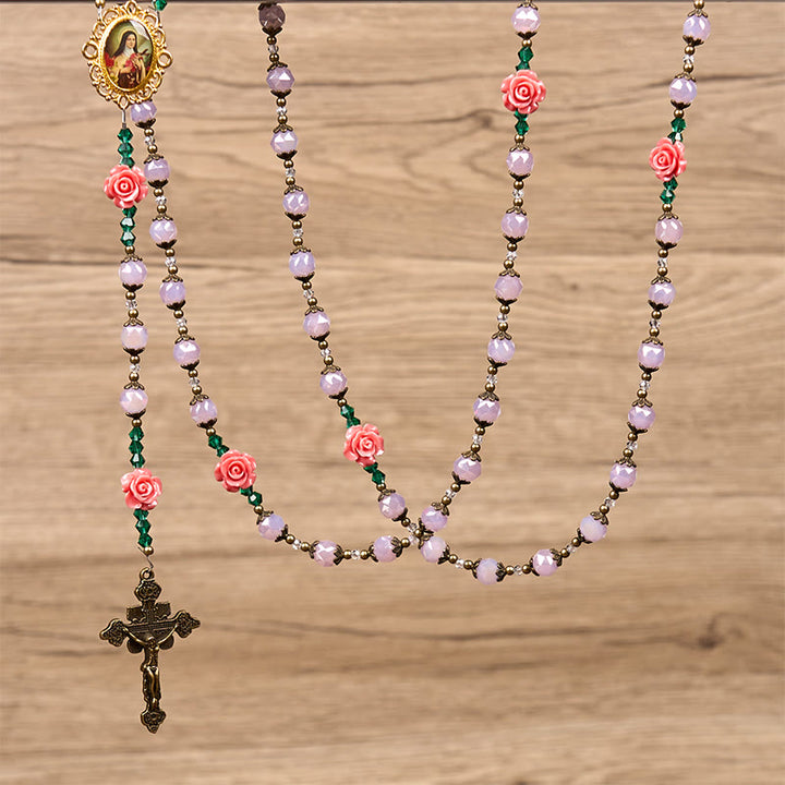 Christianartworkshop Rosario floreale in cristallo fatto a mano: perline rosa chiaro, fiore di grazia, eleganza e devozione - image 9