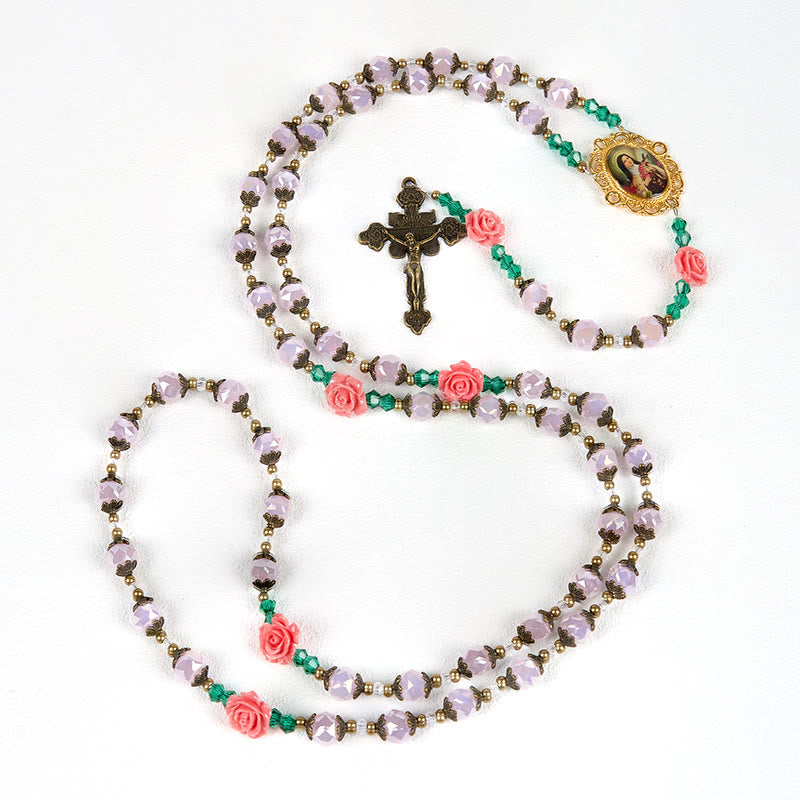 Christianartworkshop Rosario floreale in cristallo fatto a mano: perline rosa chiaro, fiore di grazia, eleganza e devozione - image 5