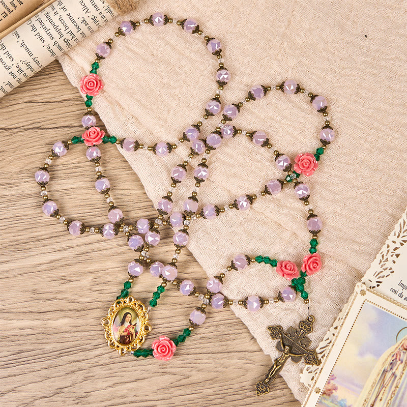 Christianartworkshop Rosario floreale in cristallo fatto a mano: perline rosa chiaro, fiore di grazia, eleganza e devozione - image 2