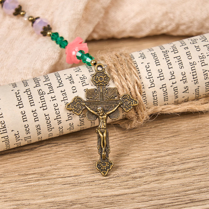 Christianartworkshop Rosario floreale in cristallo fatto a mano: perline rosa chiaro, fiore di grazia, eleganza e devozione - image 8