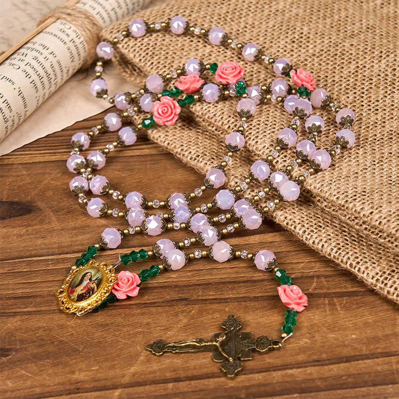 Christianartworkshop Rosario floreale in cristallo fatto a mano: perline rosa chiaro, fiore di grazia, eleganza e devozione - Cristallo e fiore - image 0