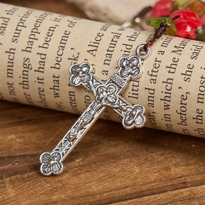 Rosario floreale fatto a mano di Christianartworkshop con perline di sandalo verde e semi di Bodhi rosa pesca – Un omaggio floreale al Sacro Cuore - image 6