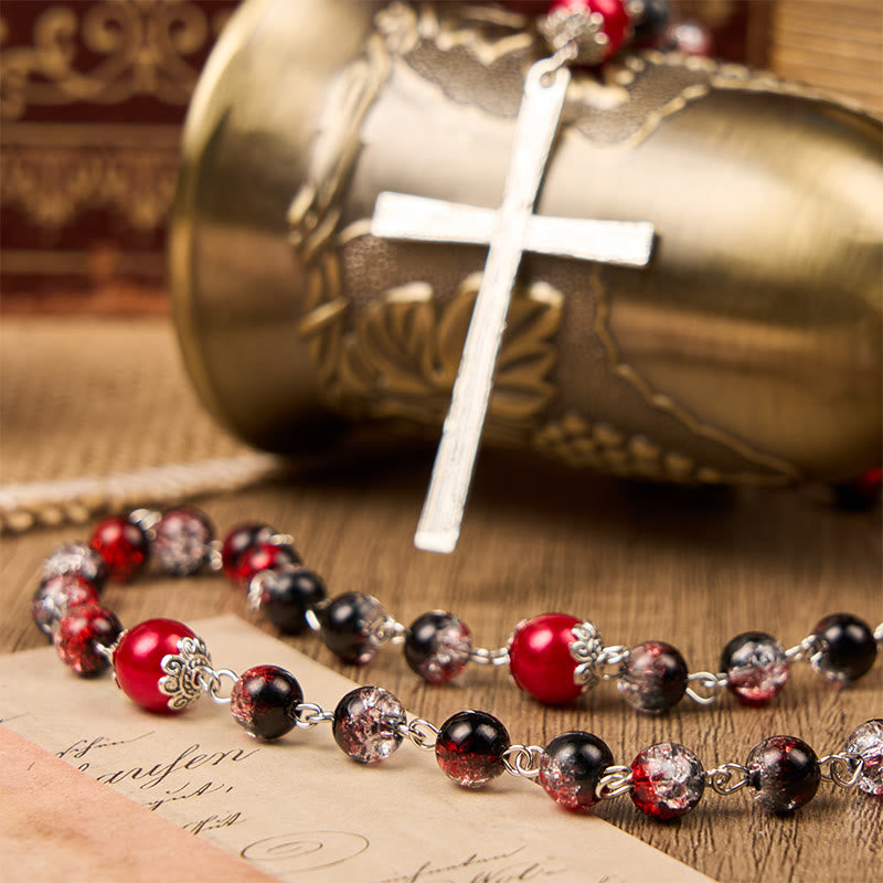 Christianartworkshop Rosario con perle rotonde in vetro nero-rosso da 8 mm della Medaglia Miracolosa e Sacra Famiglia - image 5