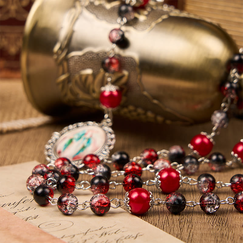 Christianartworkshop Rosario con perle rotonde in vetro nero-rosso da 8 mm della Medaglia Miracolosa e Sacra Famiglia - image 6