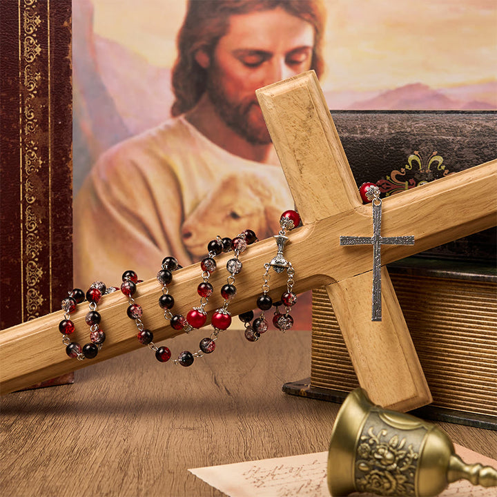 Christianartworkshop Rosario con perle rotonde in vetro nero-rosso da 8 mm della Medaglia Miracolosa e Sacra Famiglia - image 8