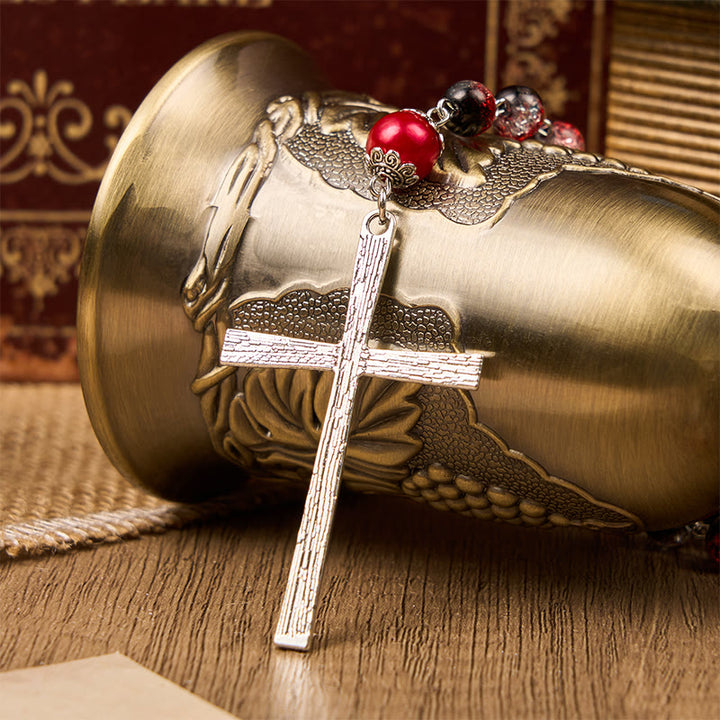 Christianartworkshop Rosario con perle rotonde in vetro nero-rosso da 8 mm della Medaglia Miracolosa e Sacra Famiglia - image 10