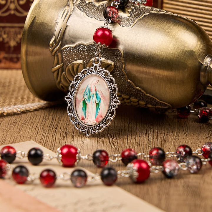 Christianartworkshop Rosario con perle rotonde in vetro nero-rosso da 8 mm della Medaglia Miracolosa e Sacra Famiglia - image 9