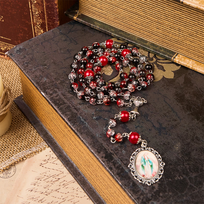 Christianartworkshop Rosario con perle rotonde in vetro nero-rosso da 8 mm della Medaglia Miracolosa e Sacra Famiglia - image 2