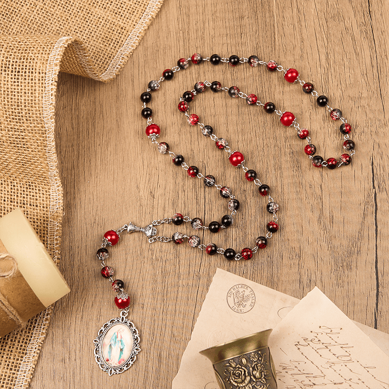 Christianartworkshop Rosario con perle rotonde in vetro nero-rosso da 8 mm della Medaglia Miracolosa e Sacra Famiglia - Medaglia Sacra - image 0