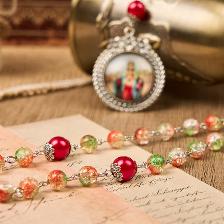 Christianartworkshop Medaglia Cuore di Gesù e Sposa di perle rotonde in vetro arancione-verde da 8 mm Rosario - image 6