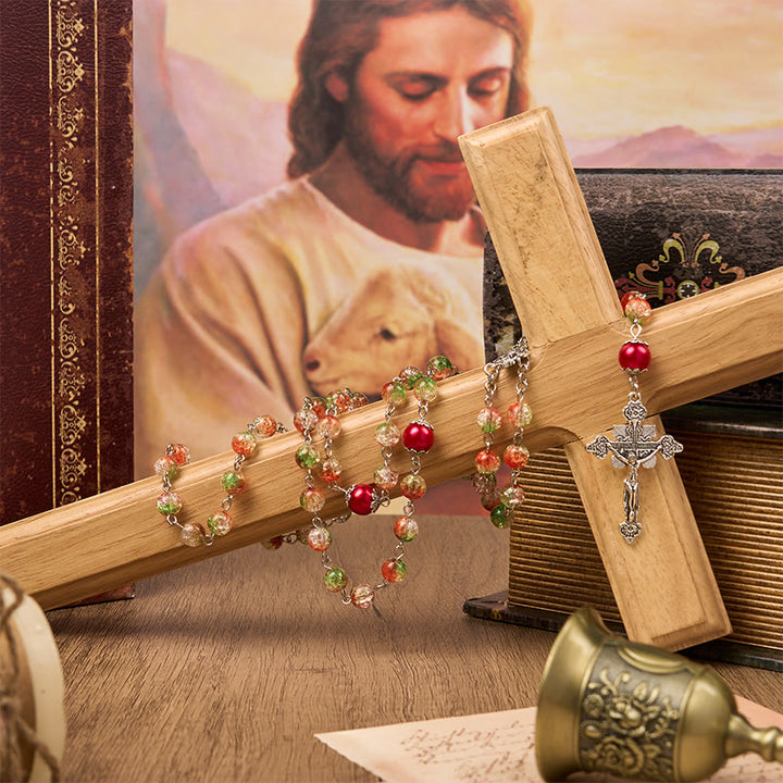 Christianartworkshop Medaglia Cuore di Gesù e Sposa di perle rotonde in vetro arancione-verde da 8 mm Rosario - image 4