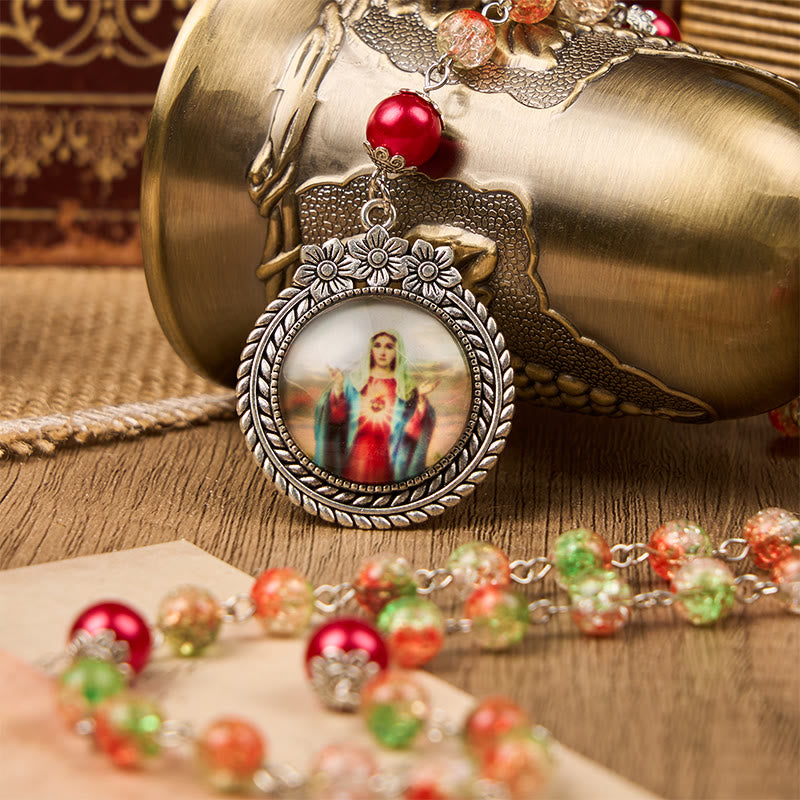 Christianartworkshop Medaglia Cuore di Gesù e Sposa di perle rotonde in vetro arancione-verde da 8 mm Rosario - Medaglia Sacra - image 0