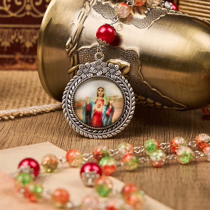 Christianartworkshop Medaglia Cuore di Gesù e Sposa di perle rotonde in vetro arancione-verde da 8 mm Rosario - Medaglia Sacra - image 0