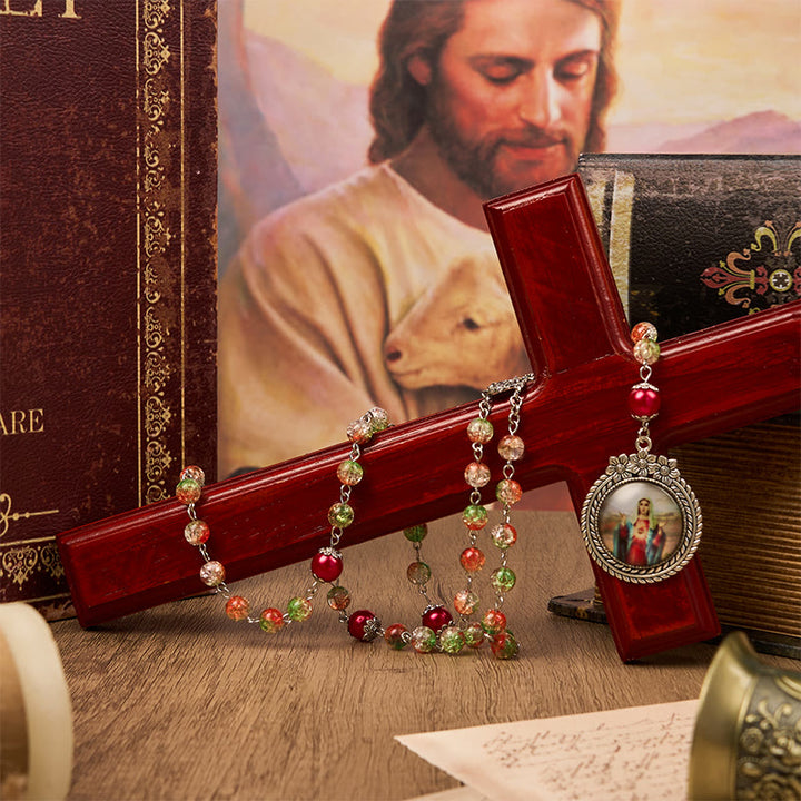 Christianartworkshop Medaglia Cuore di Gesù e Sposa di perle rotonde in vetro arancione-verde da 8 mm Rosario - image 3