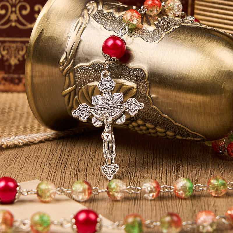 Christianartworkshop Medaglia Cuore di Gesù e Sposa di perle rotonde in vetro arancione-verde da 8 mm Rosario - image 5