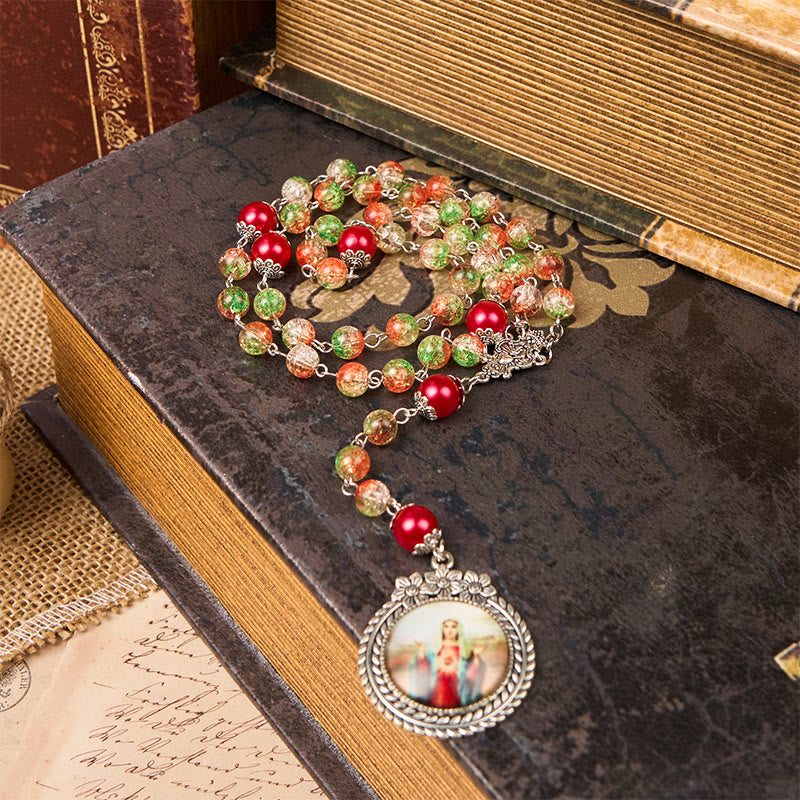 Christianartworkshop Medaglia Cuore di Gesù e Sposa di perle rotonde in vetro arancione-verde da 8 mm Rosario - image 8