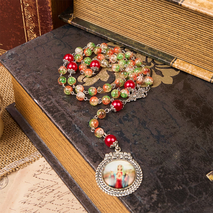 Christianartworkshop Medaglia Cuore di Gesù e Sposa di perle rotonde in vetro arancione-verde da 8 mm Rosario - image 8