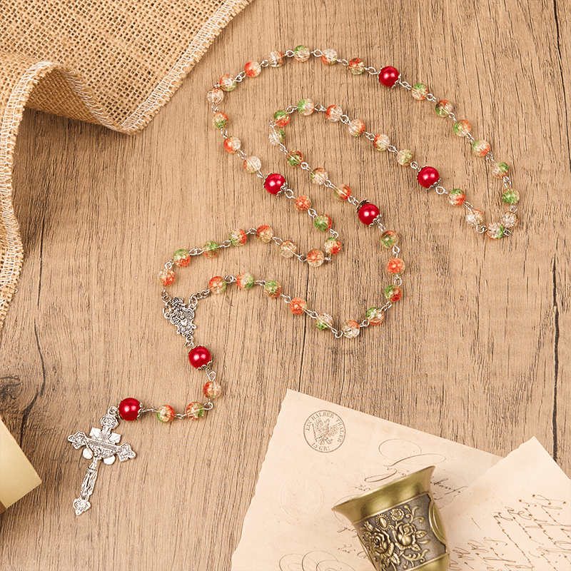 Christianartworkshop Medaglia Cuore di Gesù e Sposa di perle rotonde in vetro arancione-verde da 8 mm Rosario - Crocifisso - image 1