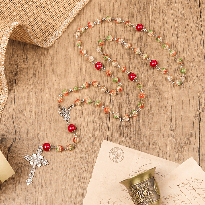 Christianartworkshop Medaglia Cuore di Gesù e Sposa di perle rotonde in vetro arancione-verde da 8 mm Rosario - Crocifisso - image 1