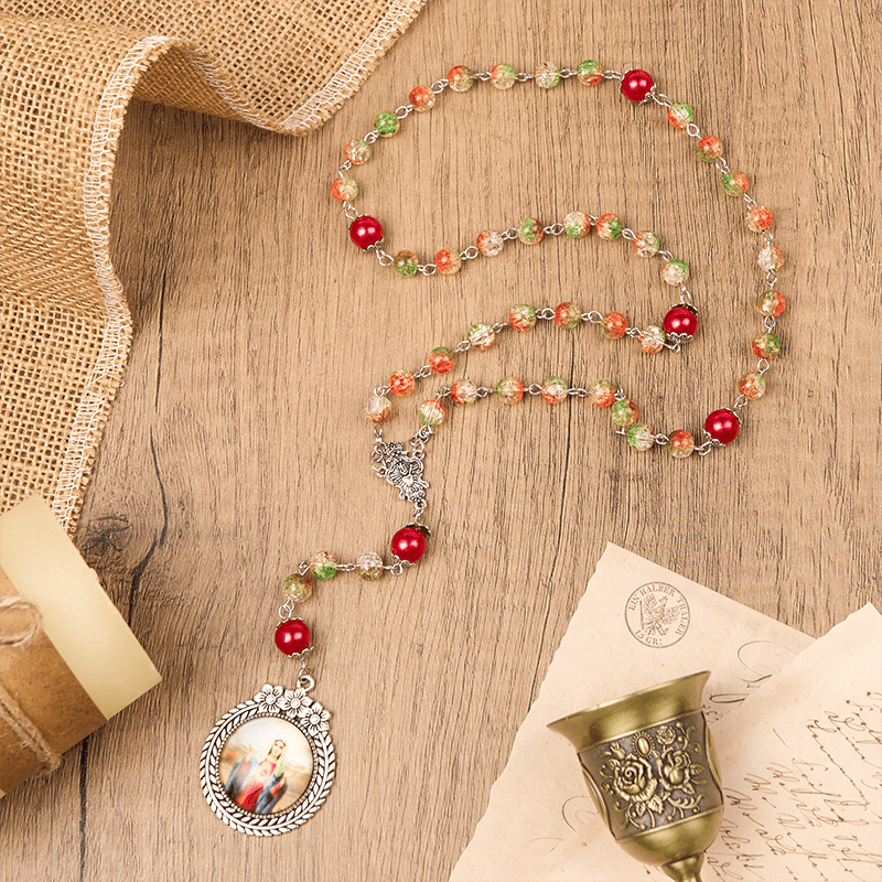 Christianartworkshop Medaglia Cuore di Gesù e Sposa di perle rotonde in vetro arancione-verde da 8 mm Rosario - image 2