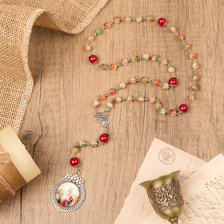 Christianartworkshop Medaglia Cuore di Gesù e Sposa di perle rotonde in vetro arancione-verde da 8 mm Rosario - image 2