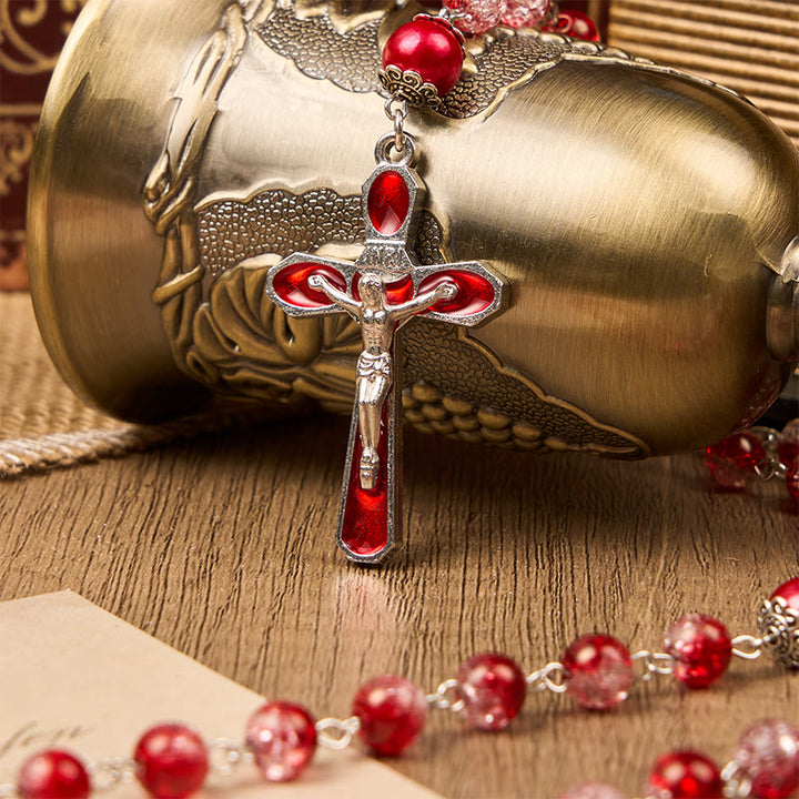 Rosario con perle rotonde in vetro rosso da 8 mm della Vergine Maria e del Crocifisso Christianartworkshop - image 2
