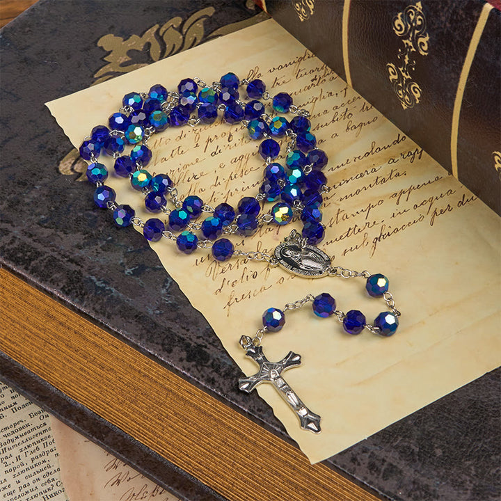 Christianartworkshop Medaglia Miracolosa e Crocifisso di Rosario con Perline Rotonde in Vetro Blu Brillante da 8 mm - image 1