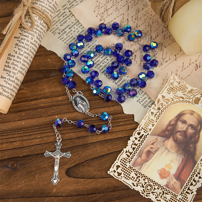 Christianartworkshop Medaglia Miracolosa e Crocifisso di Rosario con Perline Rotonde in Vetro Blu Brillante da 8 mm - image 2