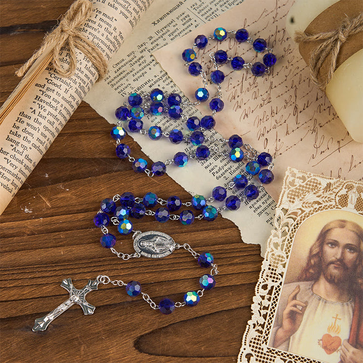 Christianartworkshop Medaglia Miracolosa e Crocifisso di Rosario con Perline Rotonde in Vetro Blu Brillante da 8 mm - Medaglia miracolosa e crocifisso - image 0